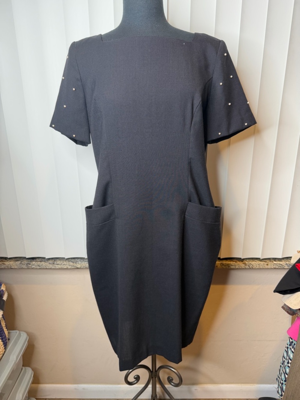 WNY Vintage Classic Black Short-Sleeve Pocket Dress with Pearl Detail Size 14